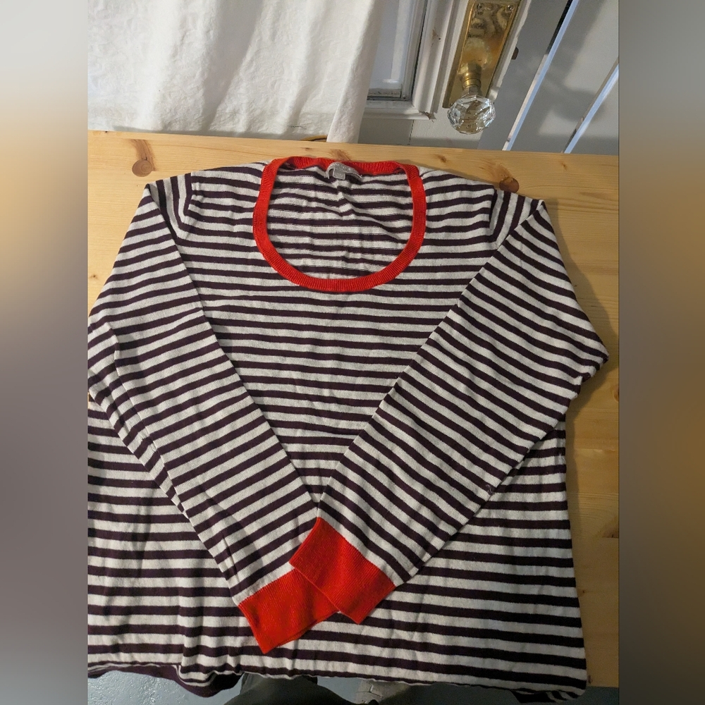 Banana Republic Burgundy and Cream Striped Sweater with Burnt Orange Trim